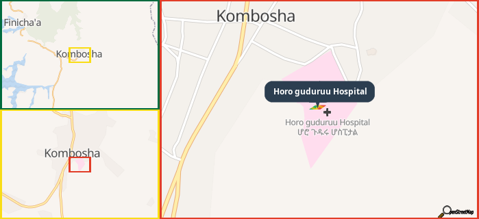 Map showing the address of Horo guduruu Hospital in three different zoom levels.
