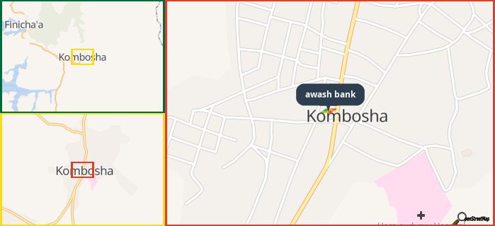 Map showing the address of awash bank in three different zoom levels.