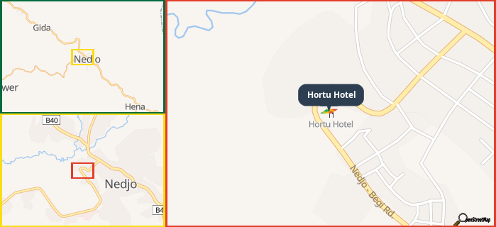 Map showing the address of Hortu Hotel in three different zoom levels.