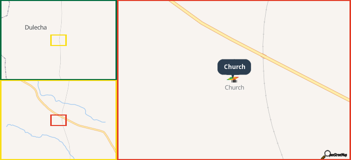 Map showing the address of Church in three different zoom levels.