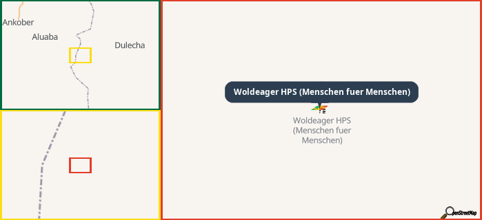 Map showing the address of Woldeager HPS (Menschen fuer Menschen) in three different zoom levels.