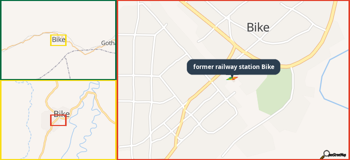 Map showing the address of former railway station Bike in three different zoom levels.