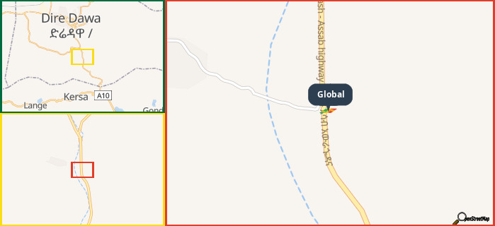 Map showing the address of Global in three different zoom levels.