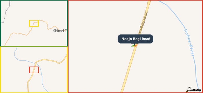 Map showing the address of Nedjo-Begi Road in three different zoom levels.