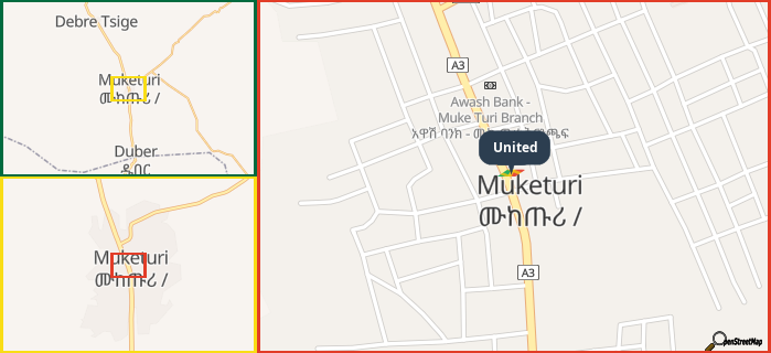 Map showing the address of United in three different zoom levels.