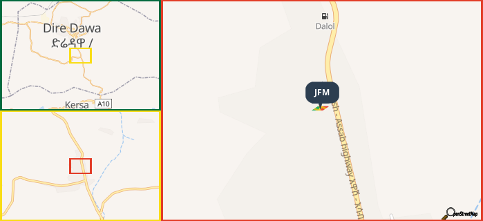 Map showing the address of JFM in three different zoom levels.