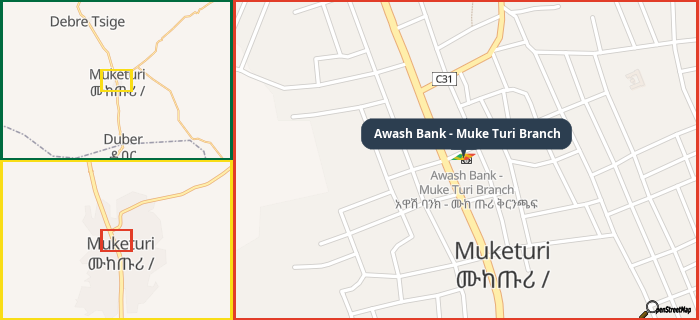 Map showing the address of Awash Bank - Muke Turi Branch in three different zoom levels.