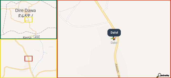 Map showing the address of Dalol in three different zoom levels.