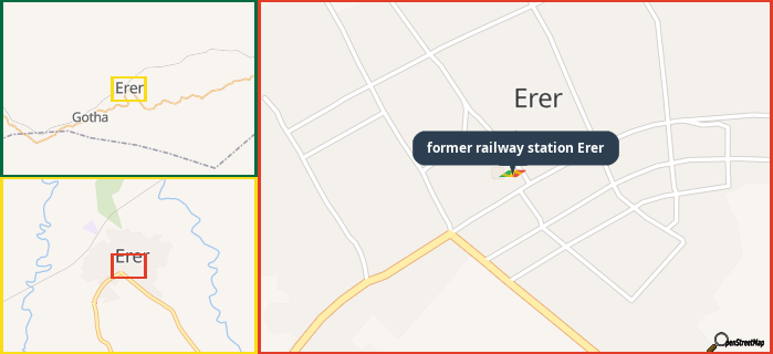 Map showing the address of former railway station Erer in three different zoom levels.