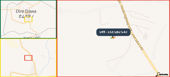 Map showing the address of አዋሽ - አሳብ አውራጐዳና in three different zoom levels.