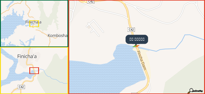 Map showing the address of سد فينشا in three different zoom levels.