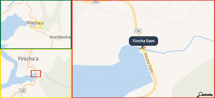 Map showing the address of Fincha Dam in three different zoom levels.