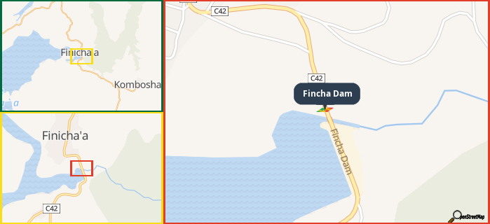 Map showing the address of Fincha Dam in three different zoom levels.