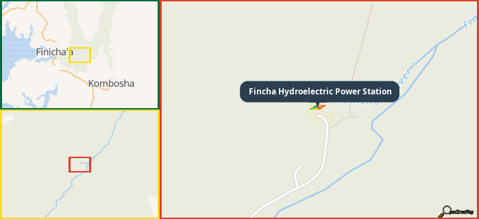 Map showing the address of Fincha Hydroelectric Power Station in three different zoom levels.