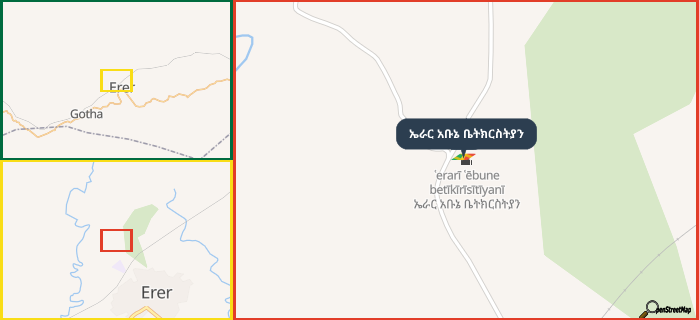 Map showing the address of ኤራር አቡኔ ቤትክርስትያን in three different zoom levels.