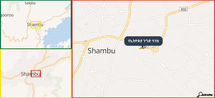 Map showing the address of የኢትዮጵያ ንግድ ባንክ in three different zoom levels.