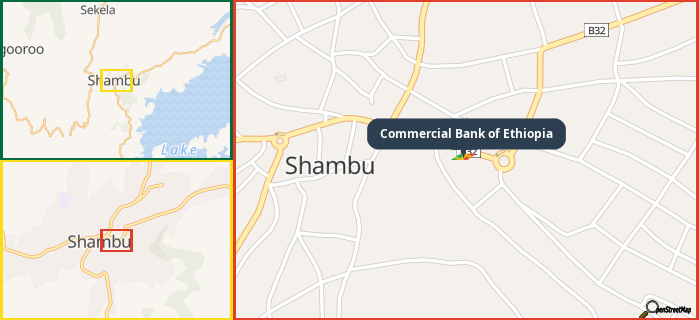 Map showing the address of Commercial Bank of Ethiopia in three different zoom levels.
