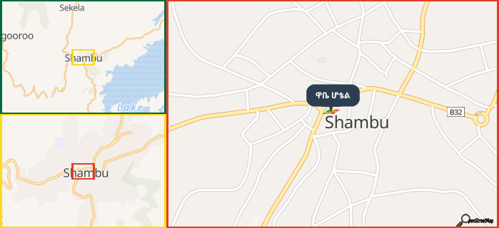Map showing the address of ዋቤ ሆቴል in three different zoom levels.