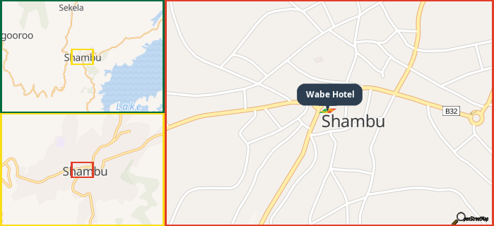 Map showing the address of Wabe Hotel in three different zoom levels.