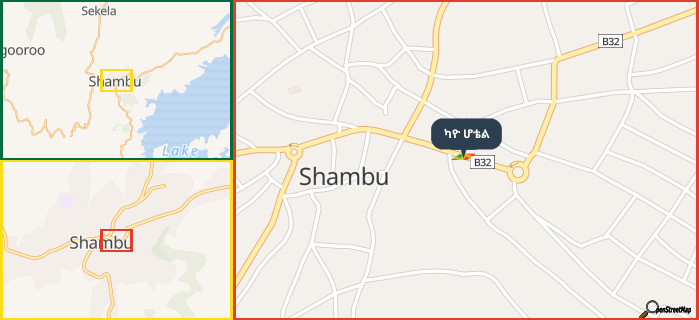 Map showing the address of ካዮ ሆቴል in three different zoom levels.