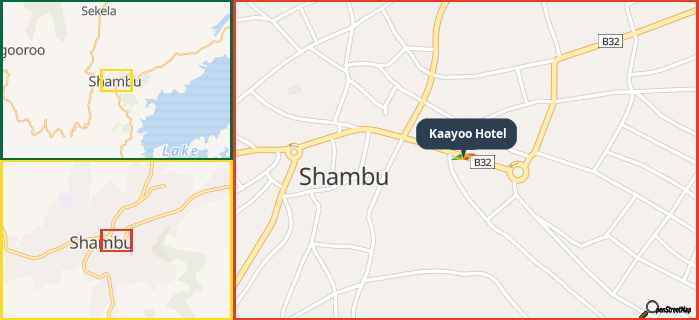 Map showing the address of Kaayoo Hotel in three different zoom levels.