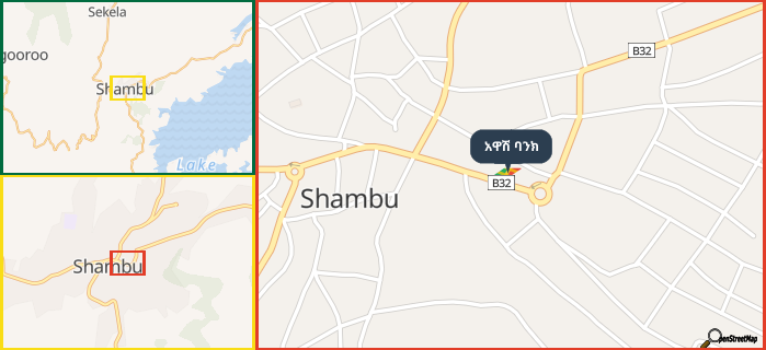 Map showing the address of አዋሽ ባንክ in three different zoom levels.