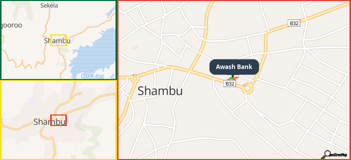 Map showing the address of Awash Bank in three different zoom levels.