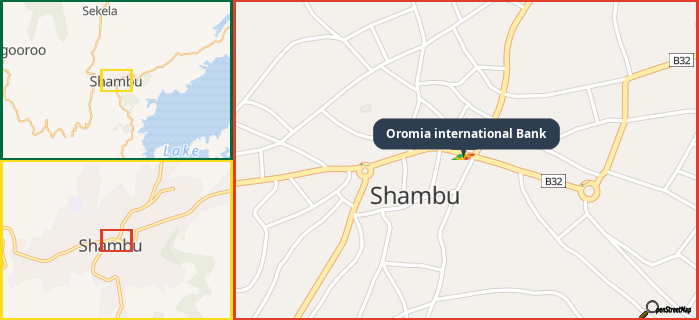 Map showing the address of Oromia international Bank in three different zoom levels.