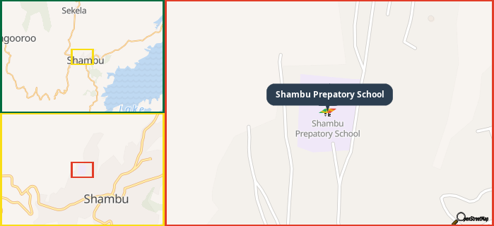 Map showing the address of Shambu Prepatory School in three different zoom levels.