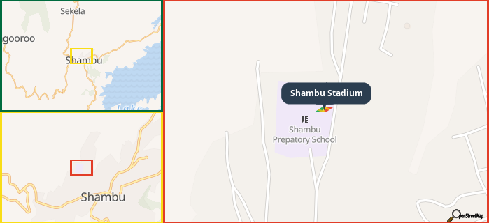 Map showing the address of Shambu Stadium in three different zoom levels.