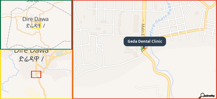 Map showing the address of Geda Dental Clinic in three different zoom levels.