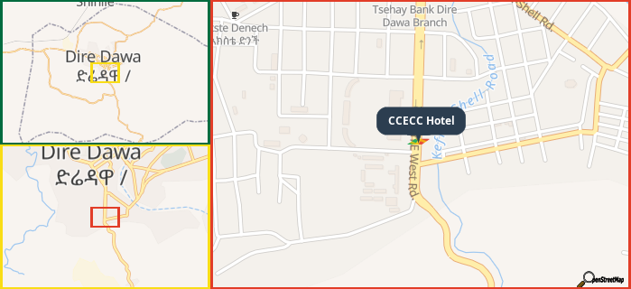 Map showing the address of CCECC Hotel in three different zoom levels.