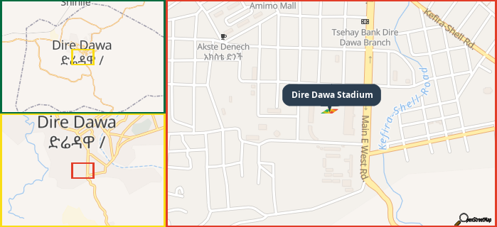 Map showing the address of Dire Dawa Stadium in three different zoom levels.