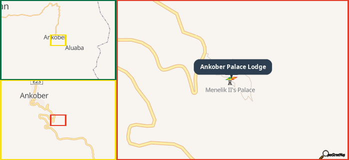 Map showing the address of Ankober Palace Lodge in three different zoom levels.