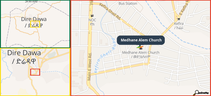 Map showing the address of Medhane Alem Church in three different zoom levels.
