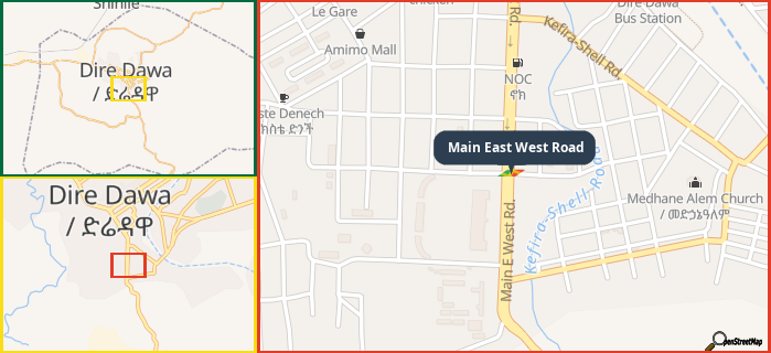 Map showing the address of Main East West Road in three different zoom levels.