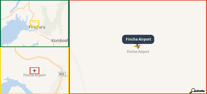Map showing the address of Fincha Airport in three different zoom levels.