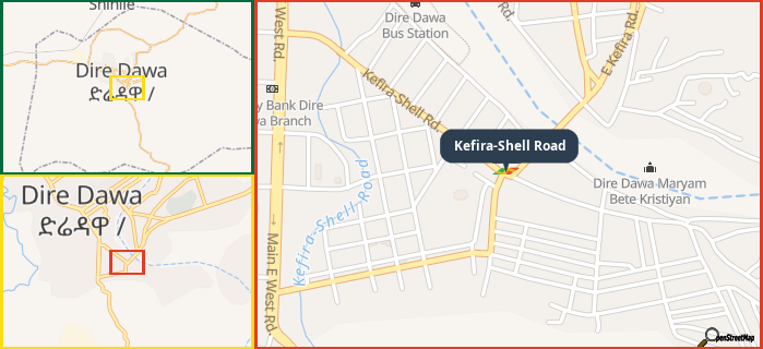 Map showing the address of Kefira-Shell Road in three different zoom levels.