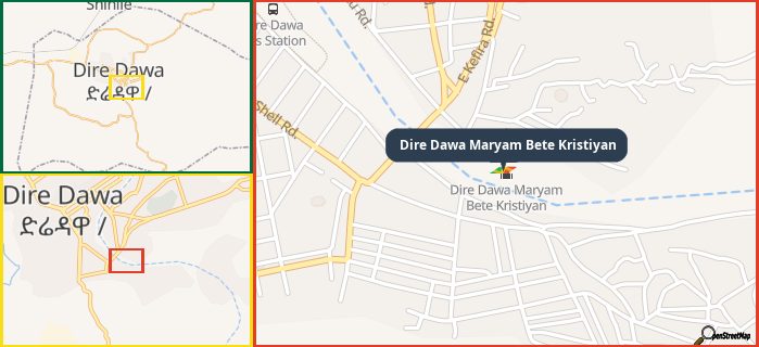 Map showing the address of Dire Dawa Maryam Bete Kristiyan in three different zoom levels.