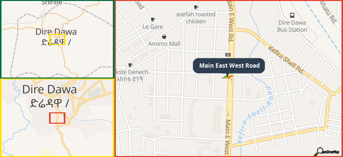 Map showing the address of Main East West Road in three different zoom levels.
