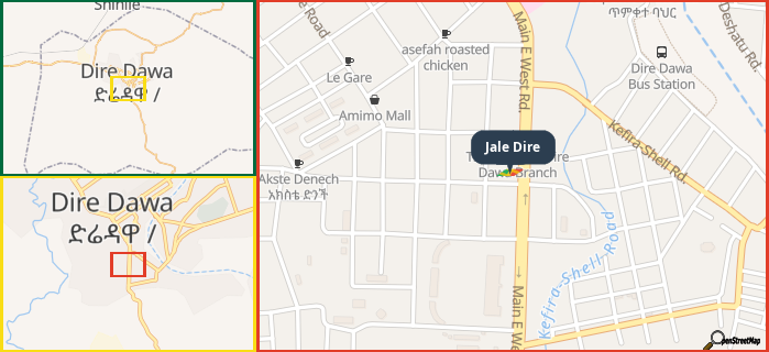 Map showing the address of Jale Dire in three different zoom levels.