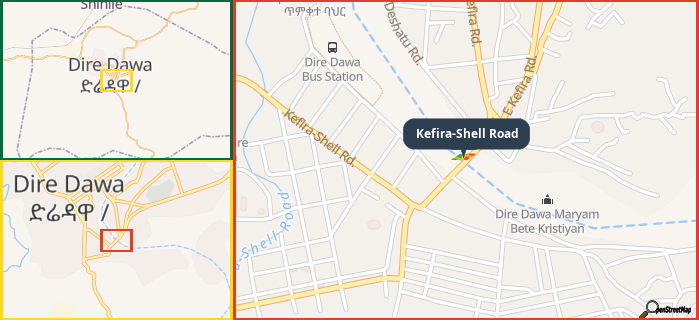 Map showing the address of Kefira-Shell Road in three different zoom levels.