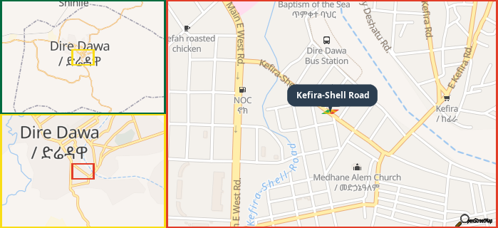 Map showing the address of Kefira-Shell Road in three different zoom levels.