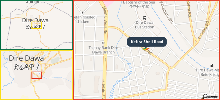 Map showing the address of Kefira-Shell Road in three different zoom levels.