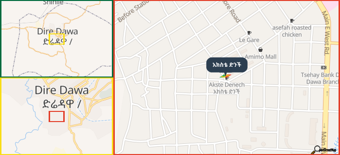 Map showing the address of አክስቴ ድንች in three different zoom levels.