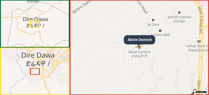 Map showing the address of Akste Denech in three different zoom levels.
