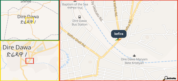 Map showing the address of kefira in three different zoom levels.