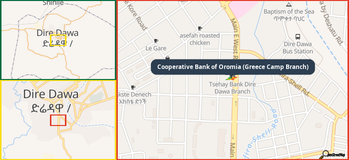 Map showing the address of Cooperative Bank of Oromia (Greece Camp Branch) in three different zoom levels.