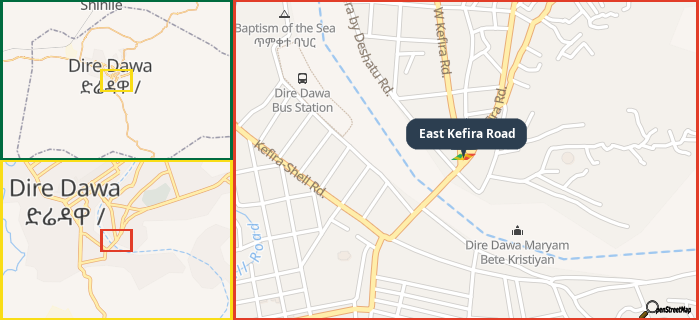 Map showing the address of East Kefira Road in three different zoom levels.