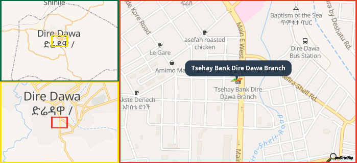 Map showing the address of Tsehay Bank Dire Dawa Branch in three different zoom levels.